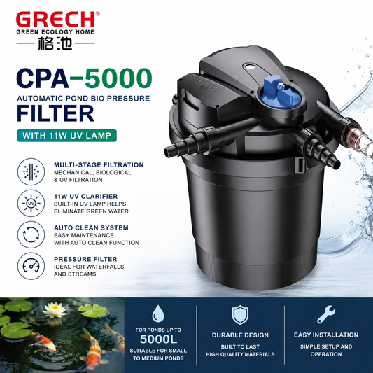 פילטר לחץ לבריכת נוי עד 5000 ליטר עם UV מובנה 11W – Grech CPA-5000